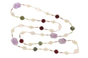 COLLANA IN PRENITE, AMETISTA, QUARZO ROSA, AGATA RUBINO E PERLE DI FIUME COD. 3119