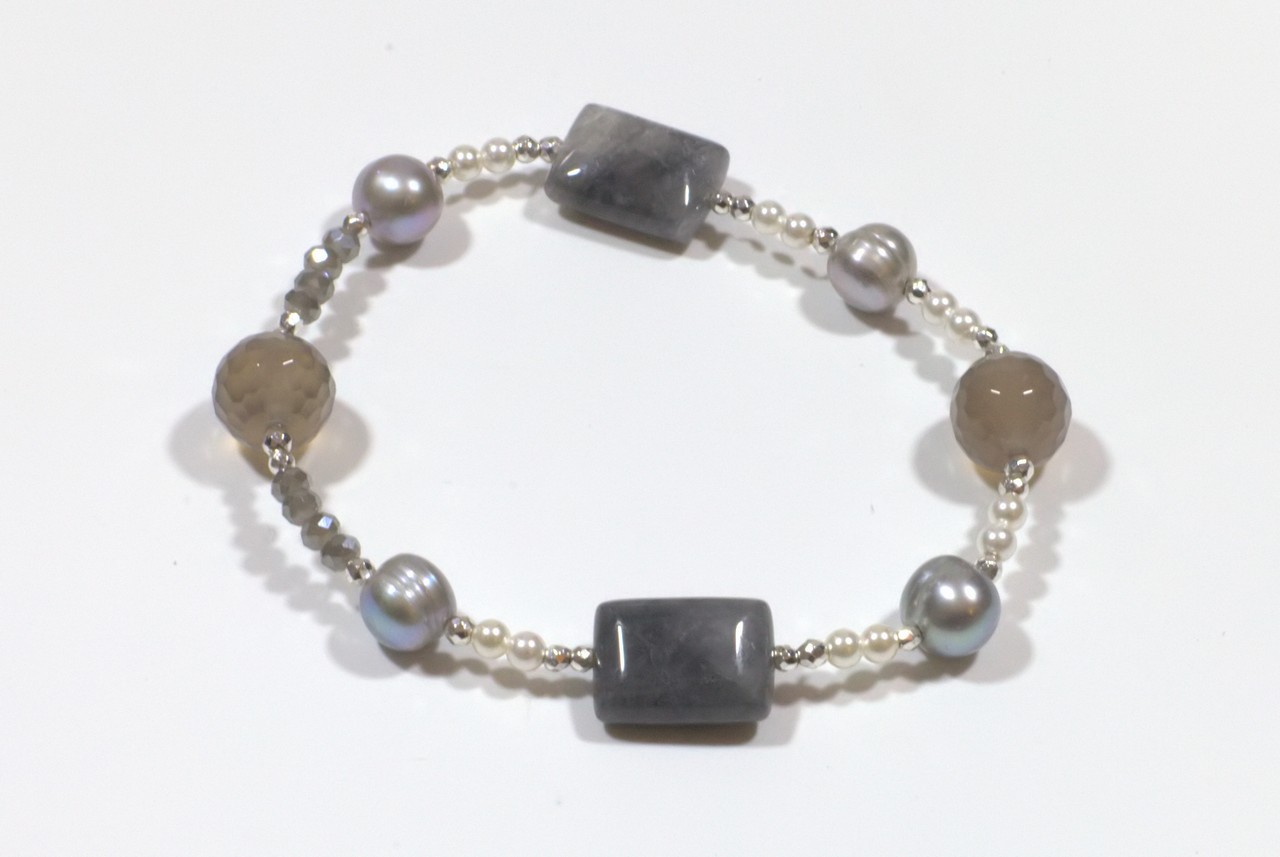 BRACCIALE CON PERLE,QUARZO NUVOLOSO E AGATA GRIGIA COD. 3504BR