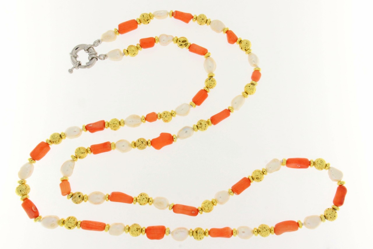 COLLANA IN EMATITE DORATA CON PERLE E PIETRA BAMBU COD. 3552-80CM