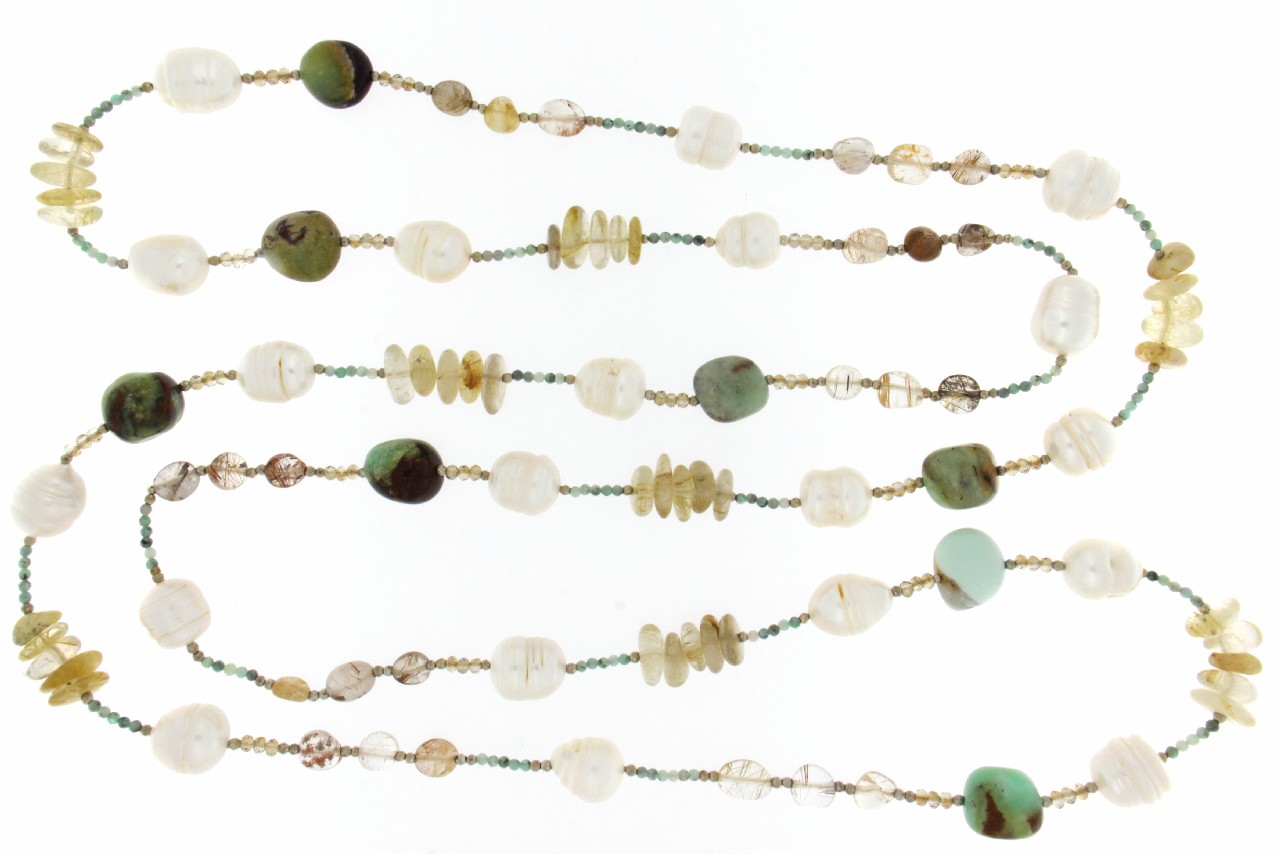 COLLANA CON RUTILATO, CRISOPRASIO E PERLE DI FIUME COD. 3348