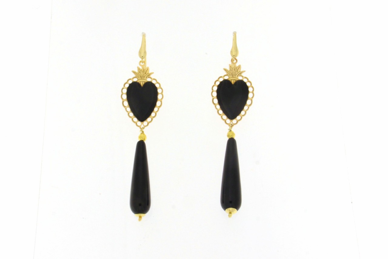 ORECCHINI IN ARGENTO 925% CON CUORE SACRO SMALTATO E GOCCIA IN AGATA NERA. COD. CUOREBK - immagine 2