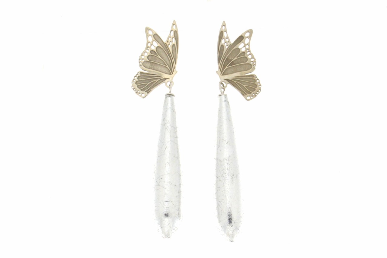 PENDENTI IN ARGENTO 925% A FORMA DI FARFALLA E GOCCIA IN EBANO LACCATO. COD. FARFASILVER