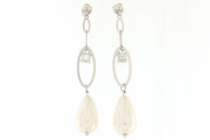 ORECCHINI IN ARGENTO RODIATO CON CATENA OVALE, ZIRCONE E GOCCIA IN PERLIZZATO. COD. OVACATPEARL
