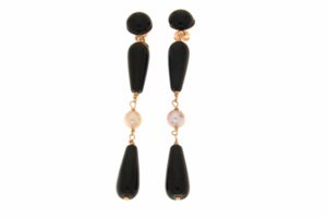 ORECCHINI IN ARGENTO ROSE' CON CABOCHON E GOCCE IN AGATA NERA. COD. DOBLEGOTA.