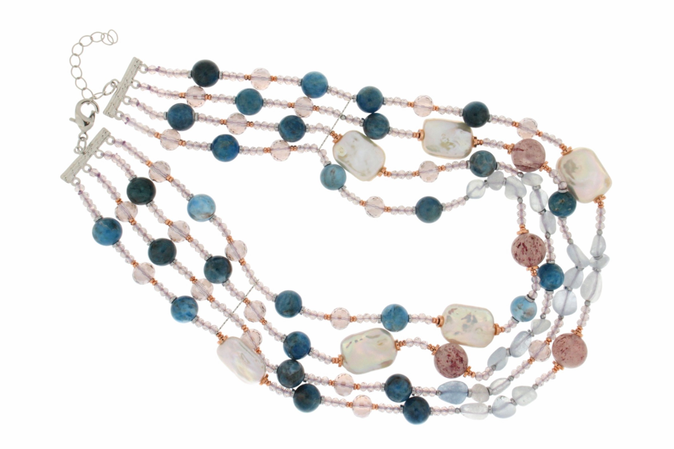 COLLANA MULTIFILO CON APATITE, PERLE E QUARZO STRAWBERRY COD. 4033-4
