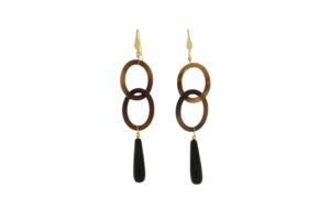 ORECCHINI IN ARGENTO DORATO CON DOPPIO OVALE IN CORNO E GOCCIA COD. OVALE MARRONE